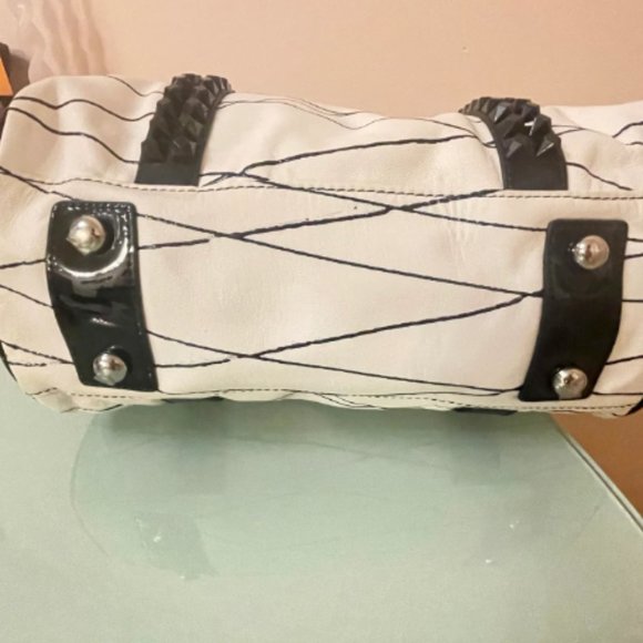 L.A.M.B. White Leather With Black Stripes & Black Studded Top Handle Satchel - Picture 5 of 12